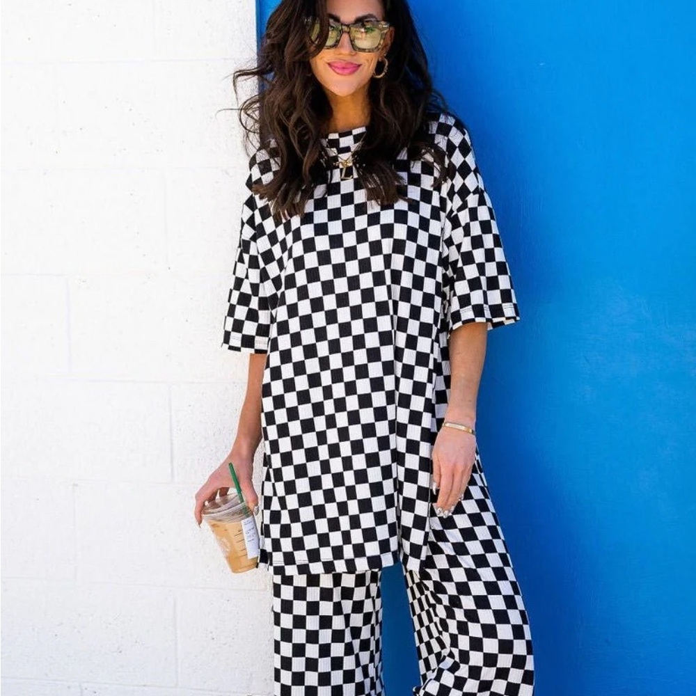 Dressed in Lala Lex Ribbed Playsuit Top & Cropped Pant Set Checkered, Size M